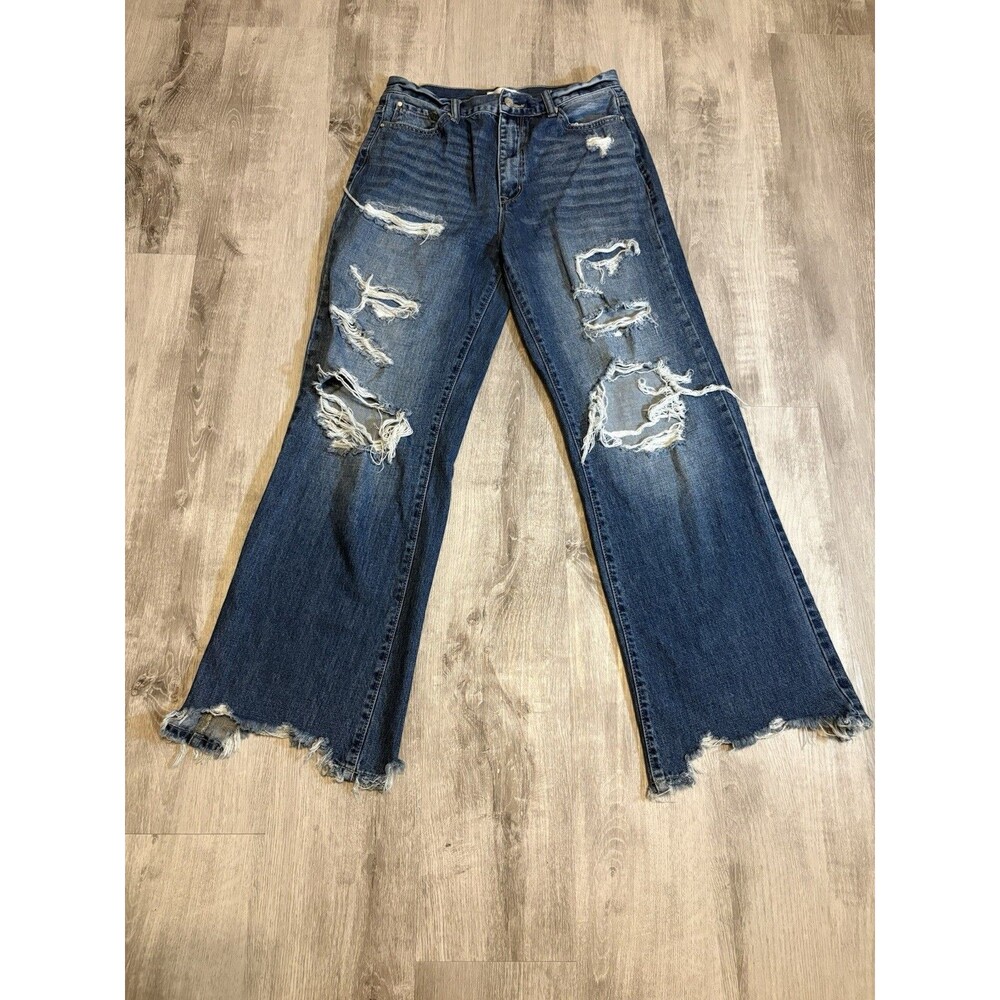 Pre-Owned PETRA 153 High Rise Wide Leg Distressed Jeans Ripped Hem Juniors 9/28